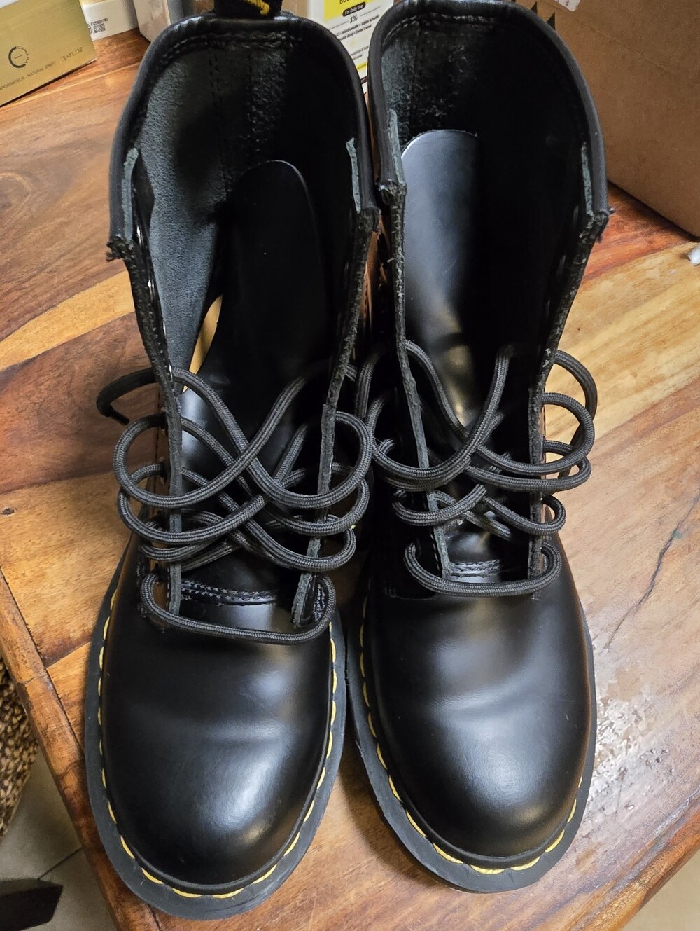 Dr. Martens Women's Black Lace-Up Combat Boots with Yellow Stitching